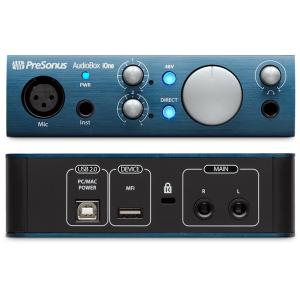 PreSonus AudioBox iOne аудио интерфейс, USB 2.0/iPad-Port, 2вх/2 вых каналов, 1мик,1инстр, 24бит/44-96кГц, софт Studio One Artist,  PreSonus